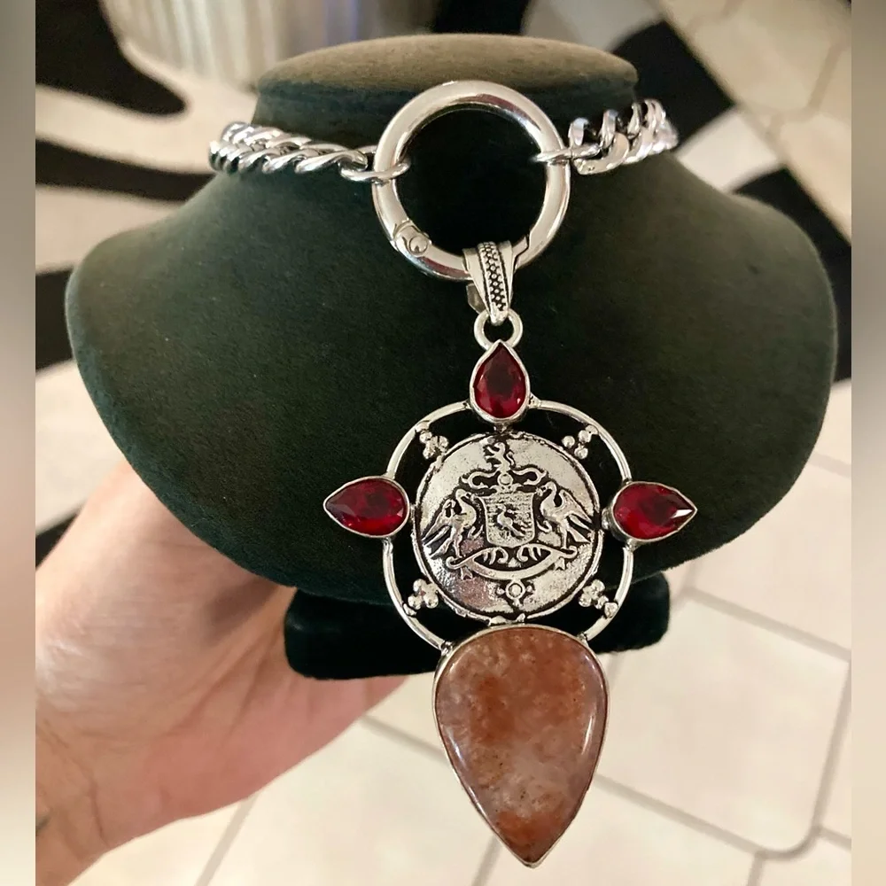 925 Sterling silver overlay orange brown agate & red garnet stones boho necklace - Picture 11 of 15